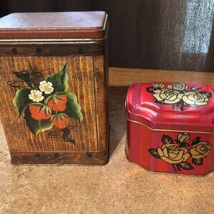 1950S ENGLAND FLOWERS SHABBY CHIC TRINKET TIN J.L. CLARK TIN CANISTER STRAWBERRY